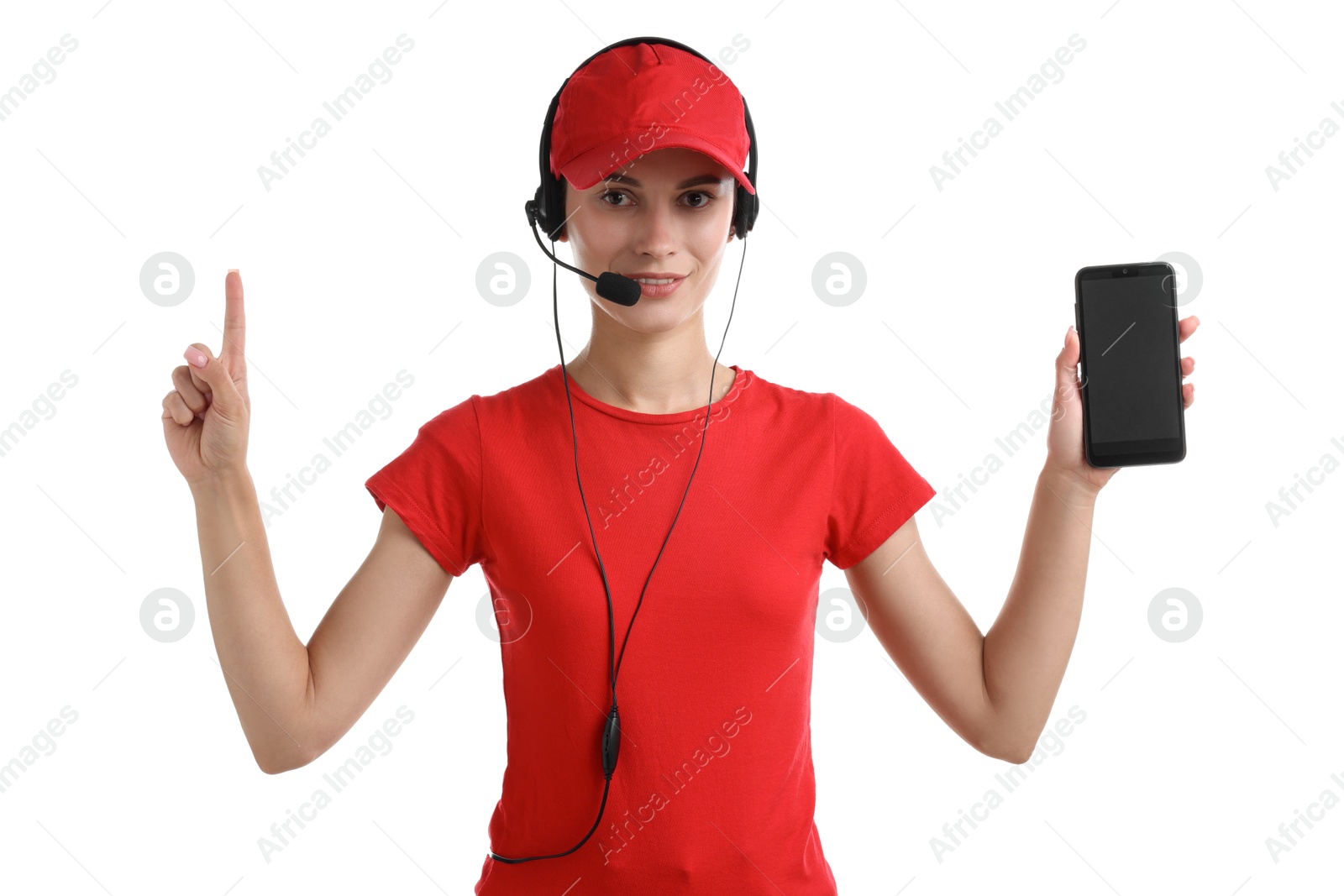 Photo of Fast-food worker with smartphone on white background