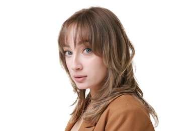 Attractive woman with stylish haircut on white background