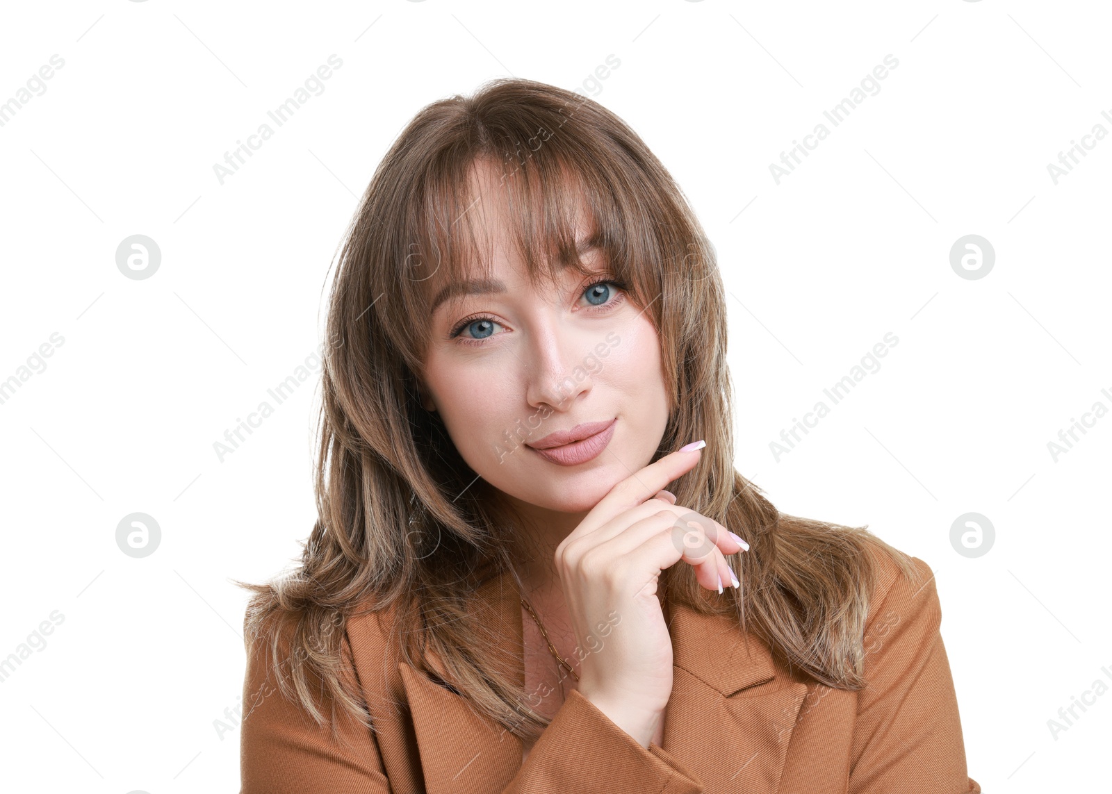 Photo of Attractive woman with stylish haircut on white background