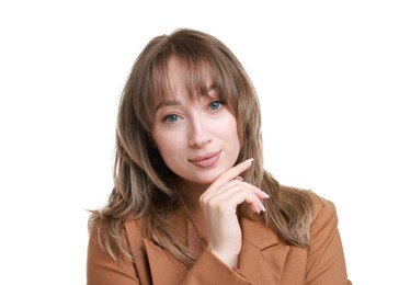 Attractive woman with stylish haircut on white background