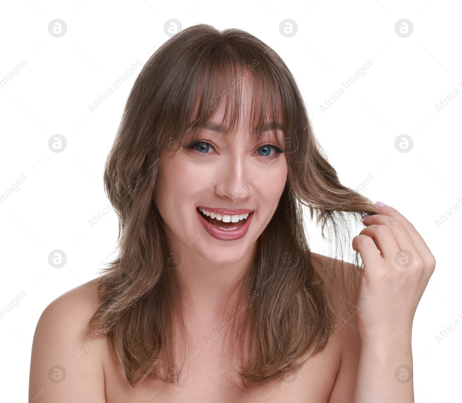 Photo of Attractive woman with stylish haircut on white background