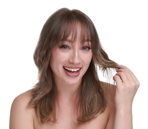 Photo of Attractive woman with stylish haircut on white background