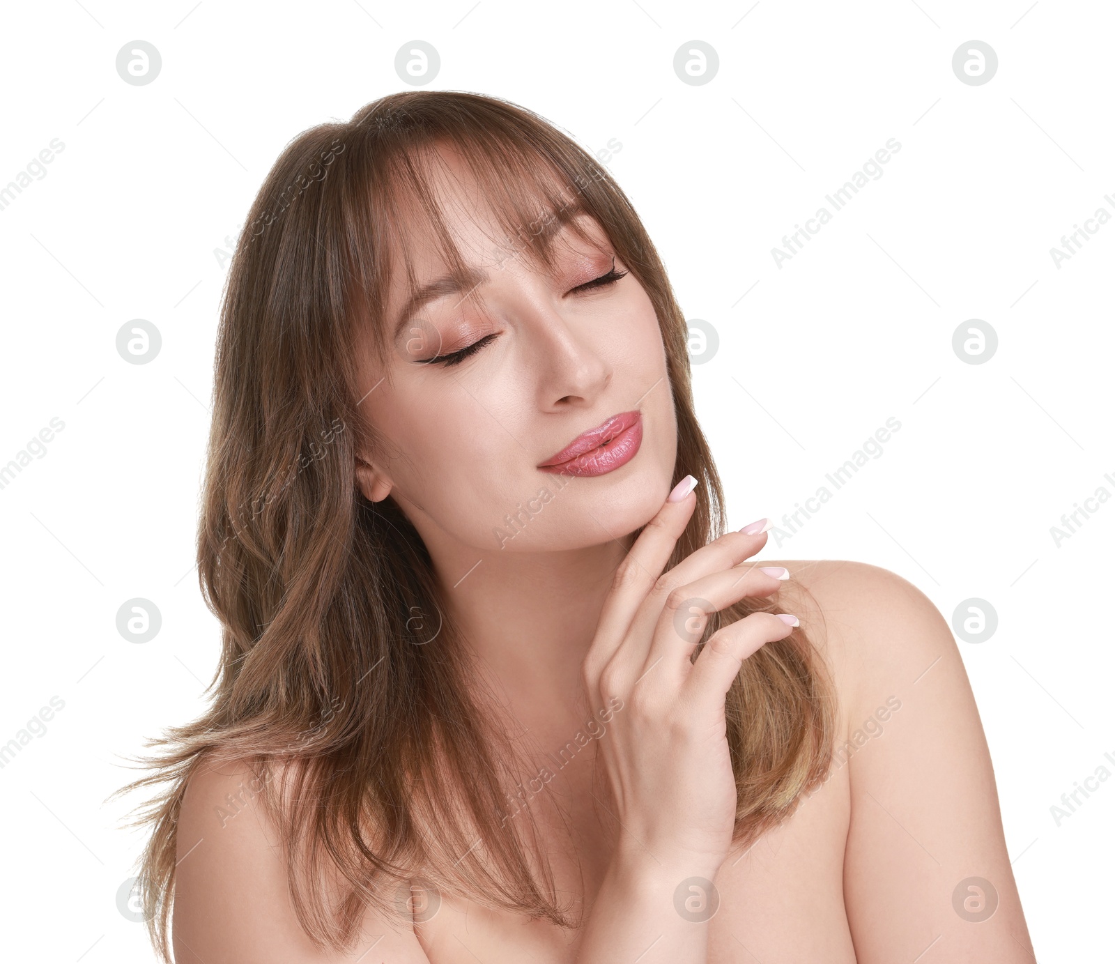 Photo of Attractive woman with stylish haircut on white background