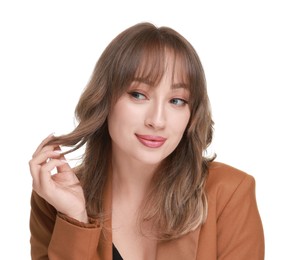 Photo of Attractive woman with stylish haircut on white background