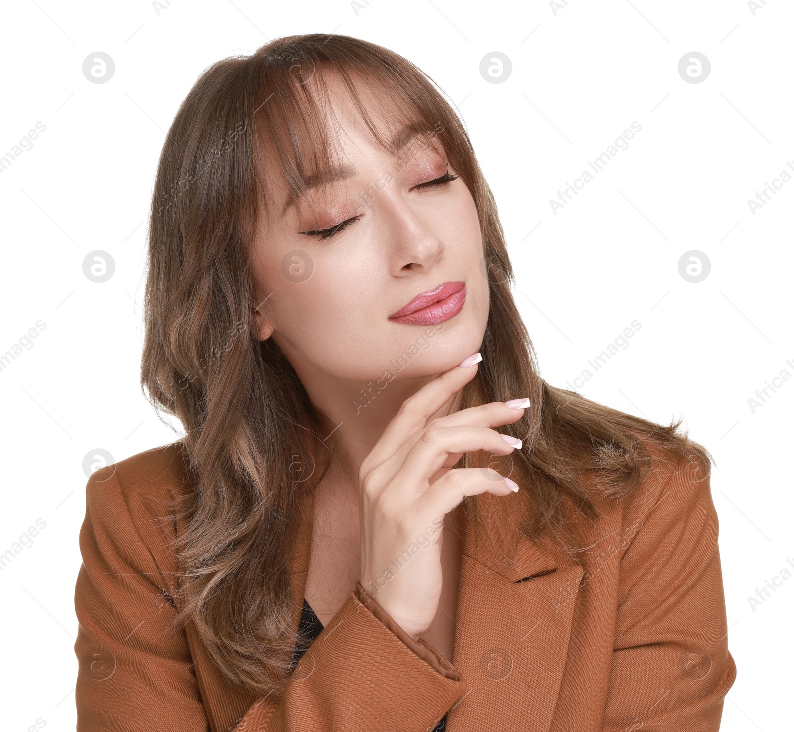 Photo of Attractive woman with stylish haircut on white background