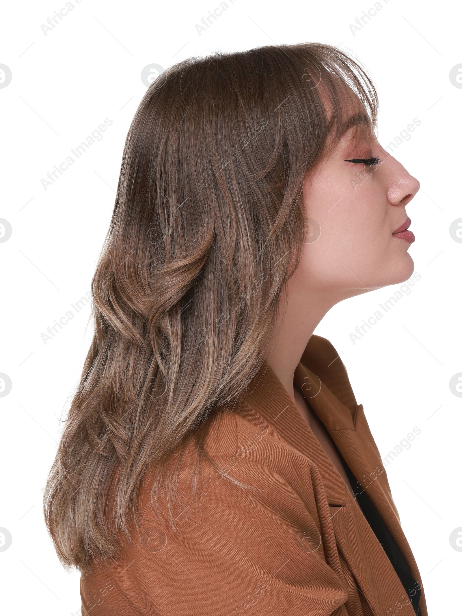 Photo of Attractive woman with stylish haircut on white background