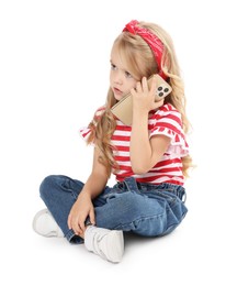 Photo of Cute little girl talking on smartphone against white background