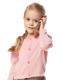 Photo of Cute little girl talking on smartphone against white background