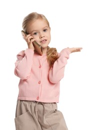 Cute little girl talking on smartphone against white background