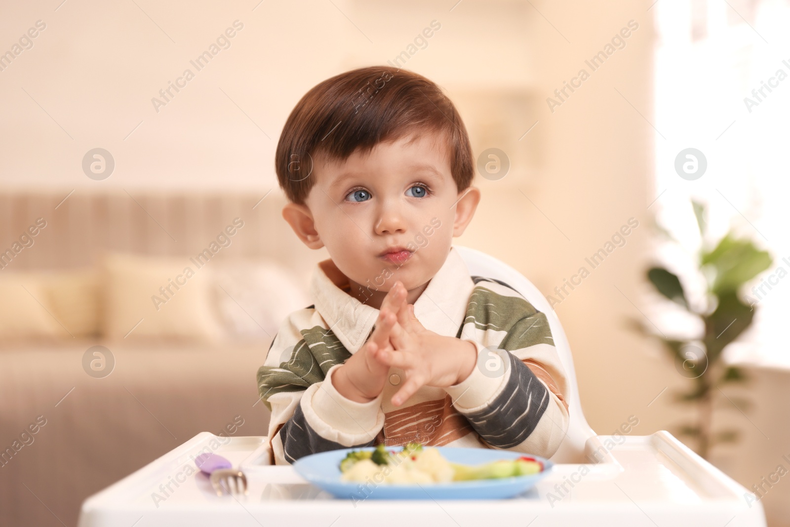 Photo of Cute little baby eating healthy food in high chair at home