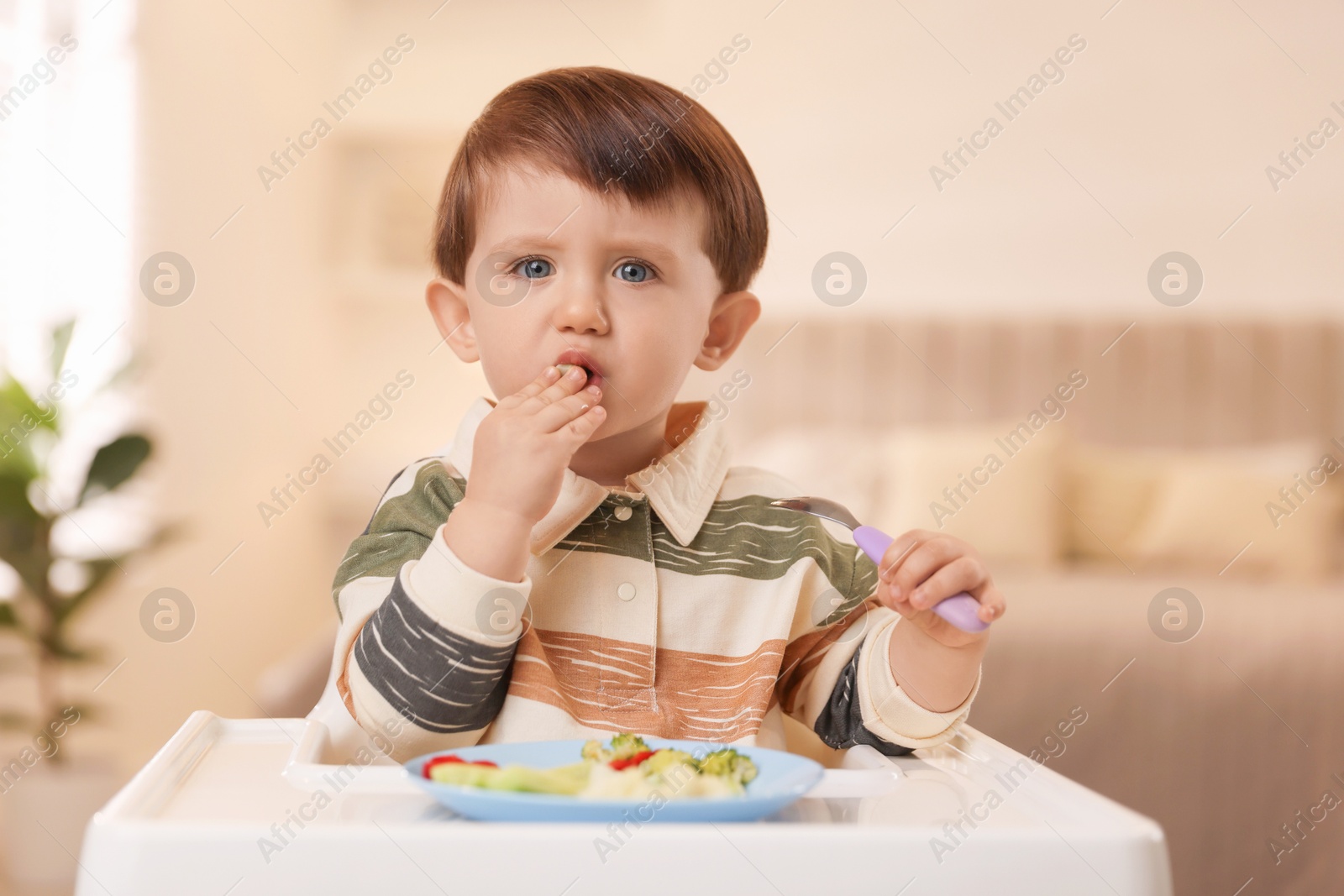 Photo of Cute little baby eating healthy food in high chair at home