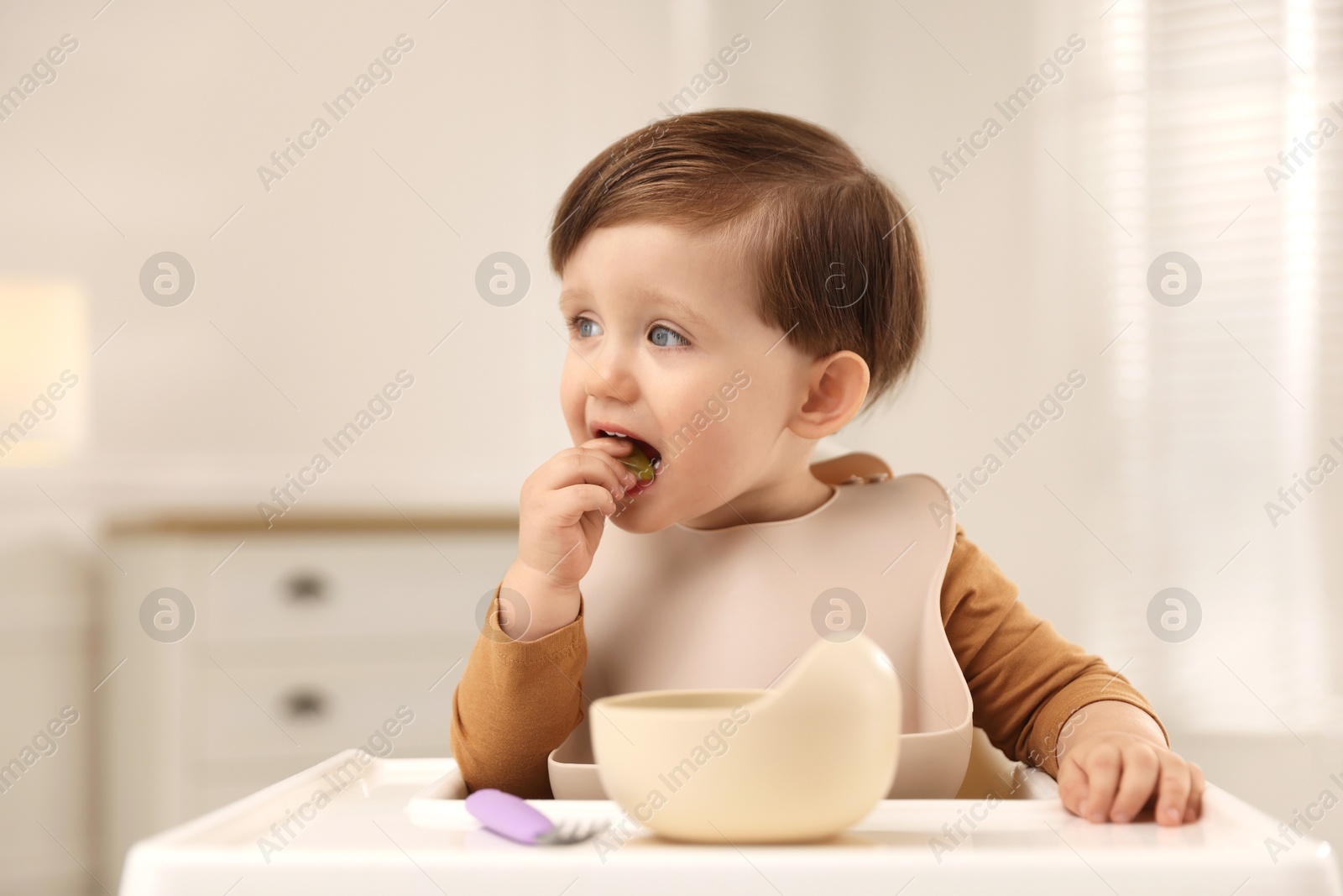 Photo of Cute little kid eating healthy baby food from bowl in high chair at home