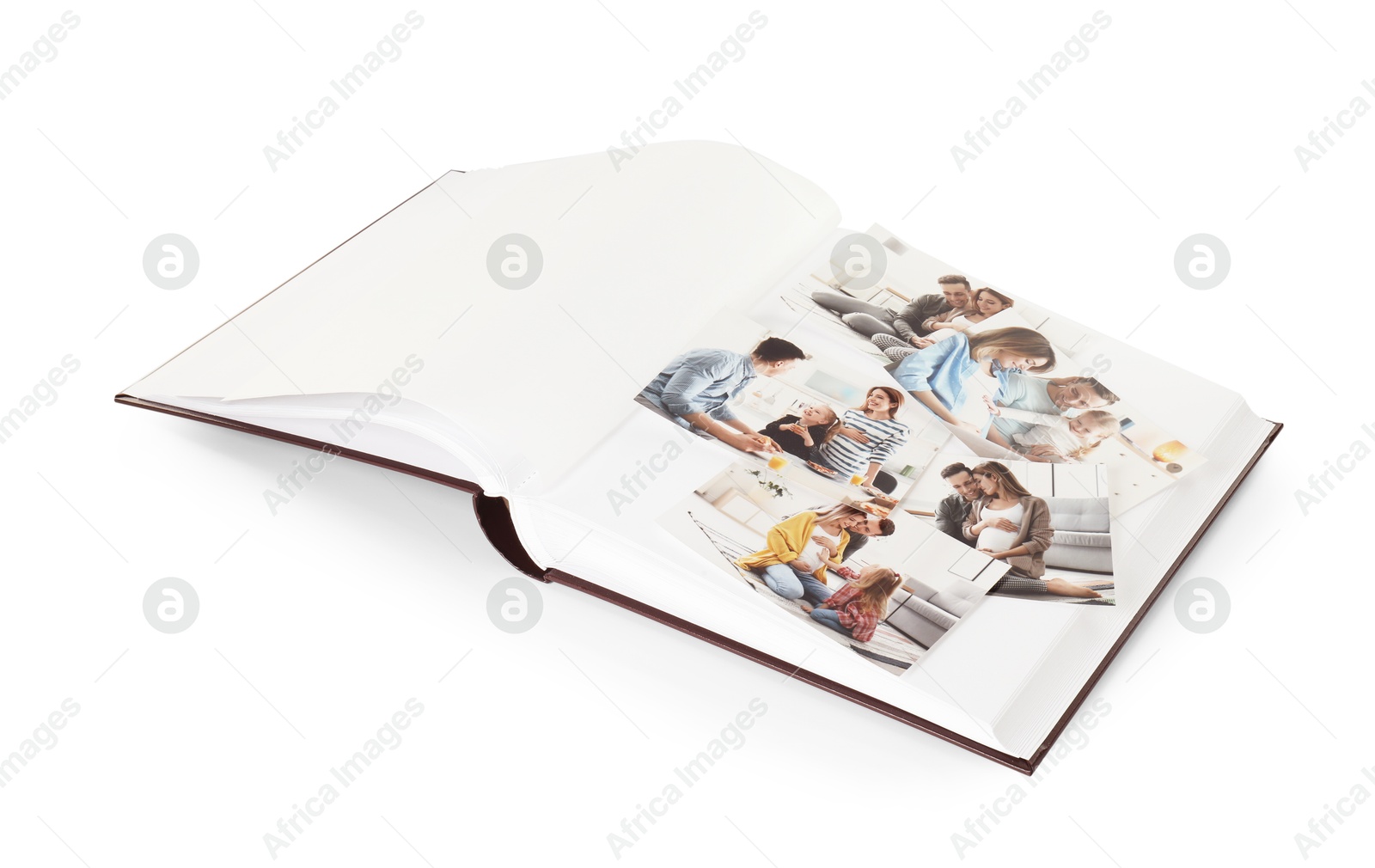 Photo of Open photo album with different photos isolated on white