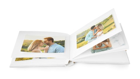 Open photo album with different photos isolated on white