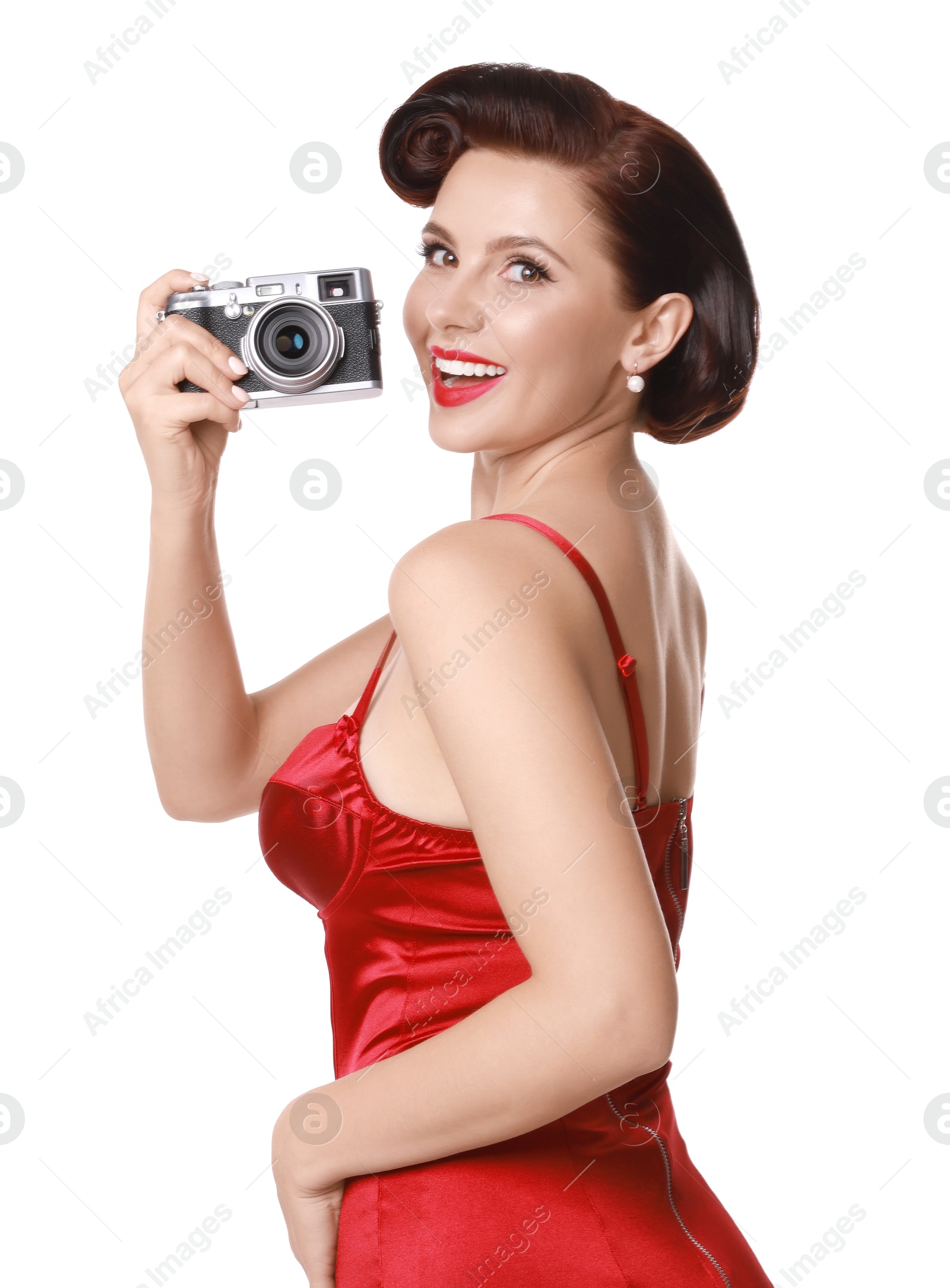 Photo of Pin-up woman with camera on white background