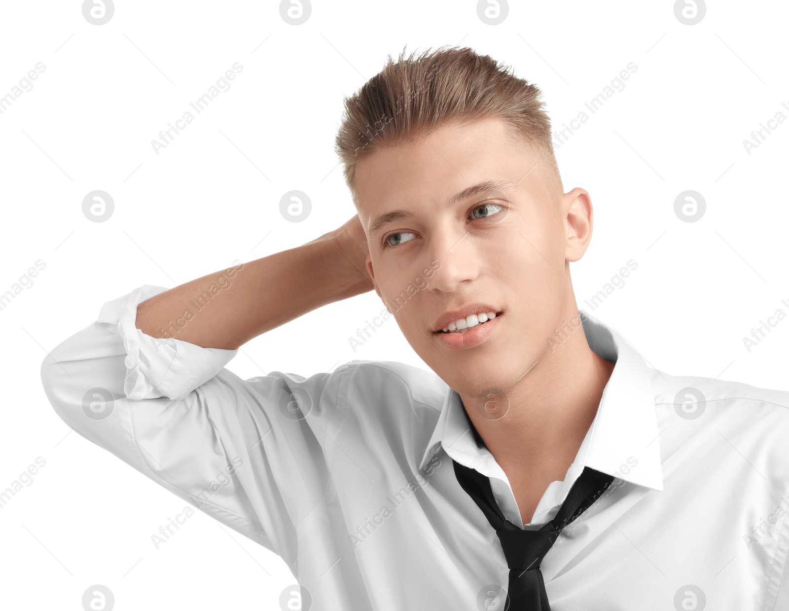 Photo of Confident young man with stylish haircut on white background