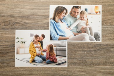 Photo of Different family photos on wooden table, flat lay