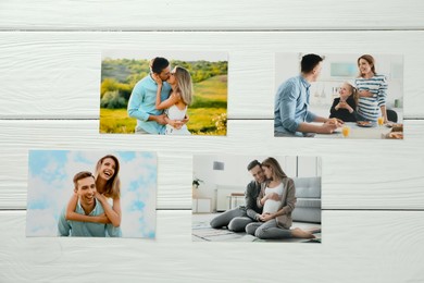 Photo of Different family photos on white wooden table, flat lay