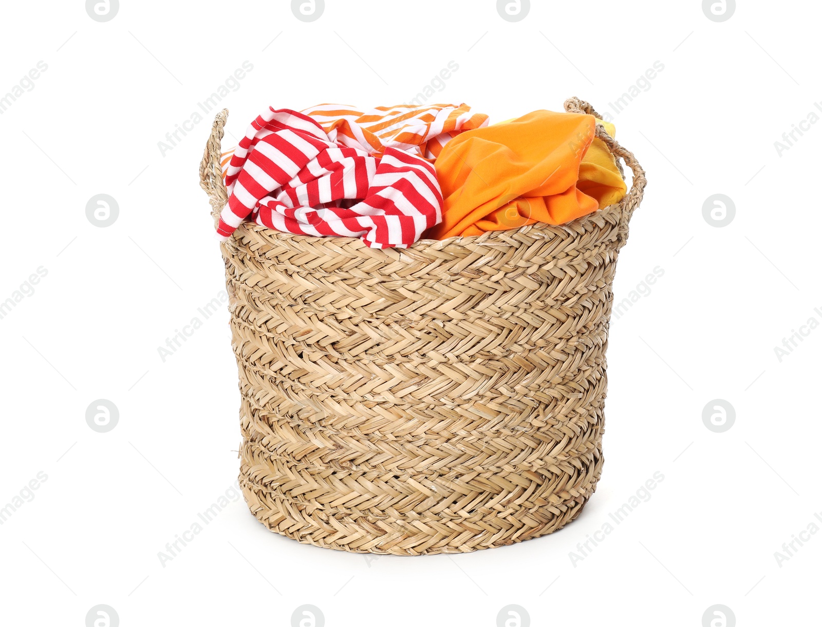 Photo of Wicker basket full of laundry isolated on white