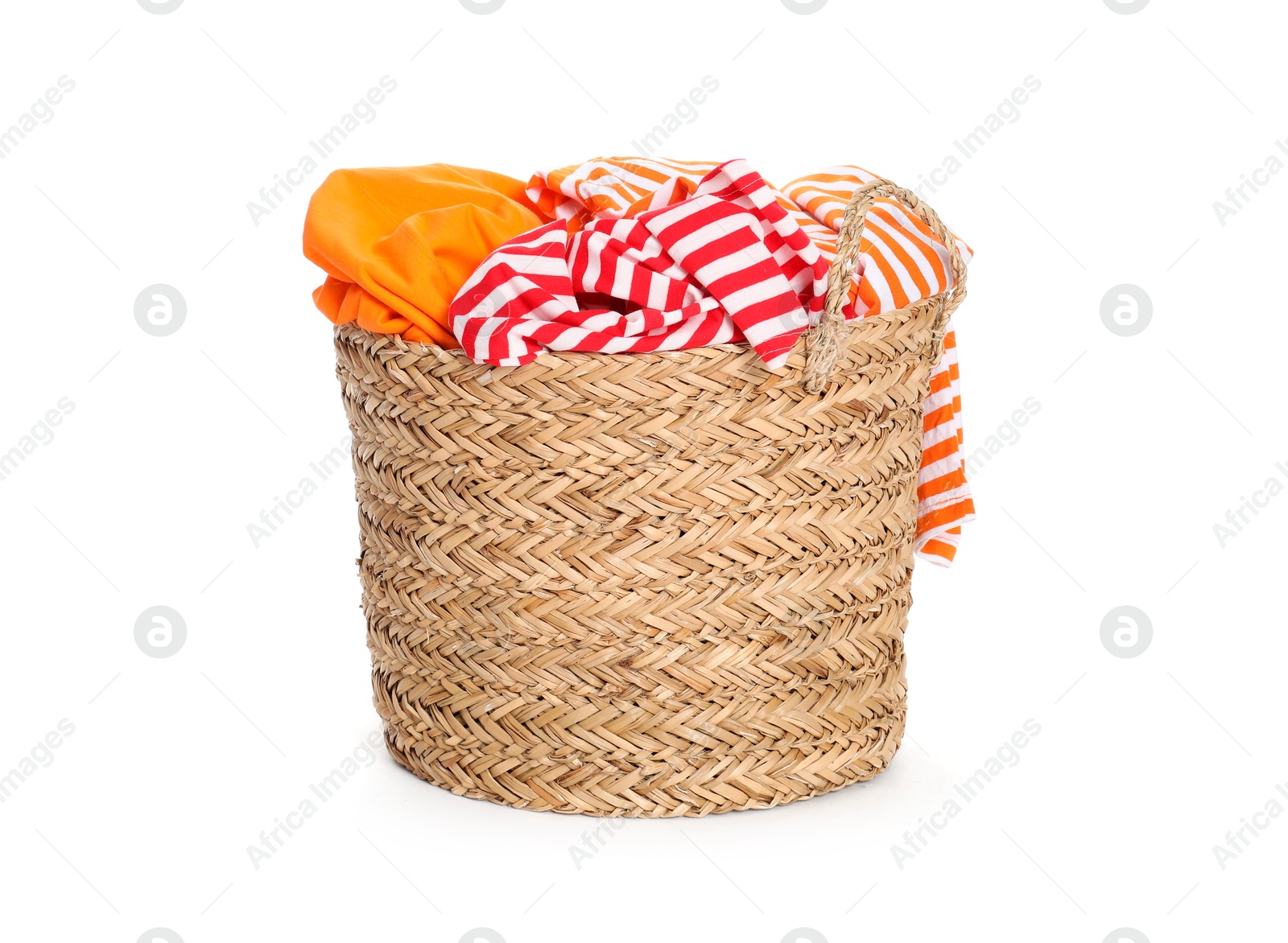 Photo of Wicker basket full of laundry isolated on white