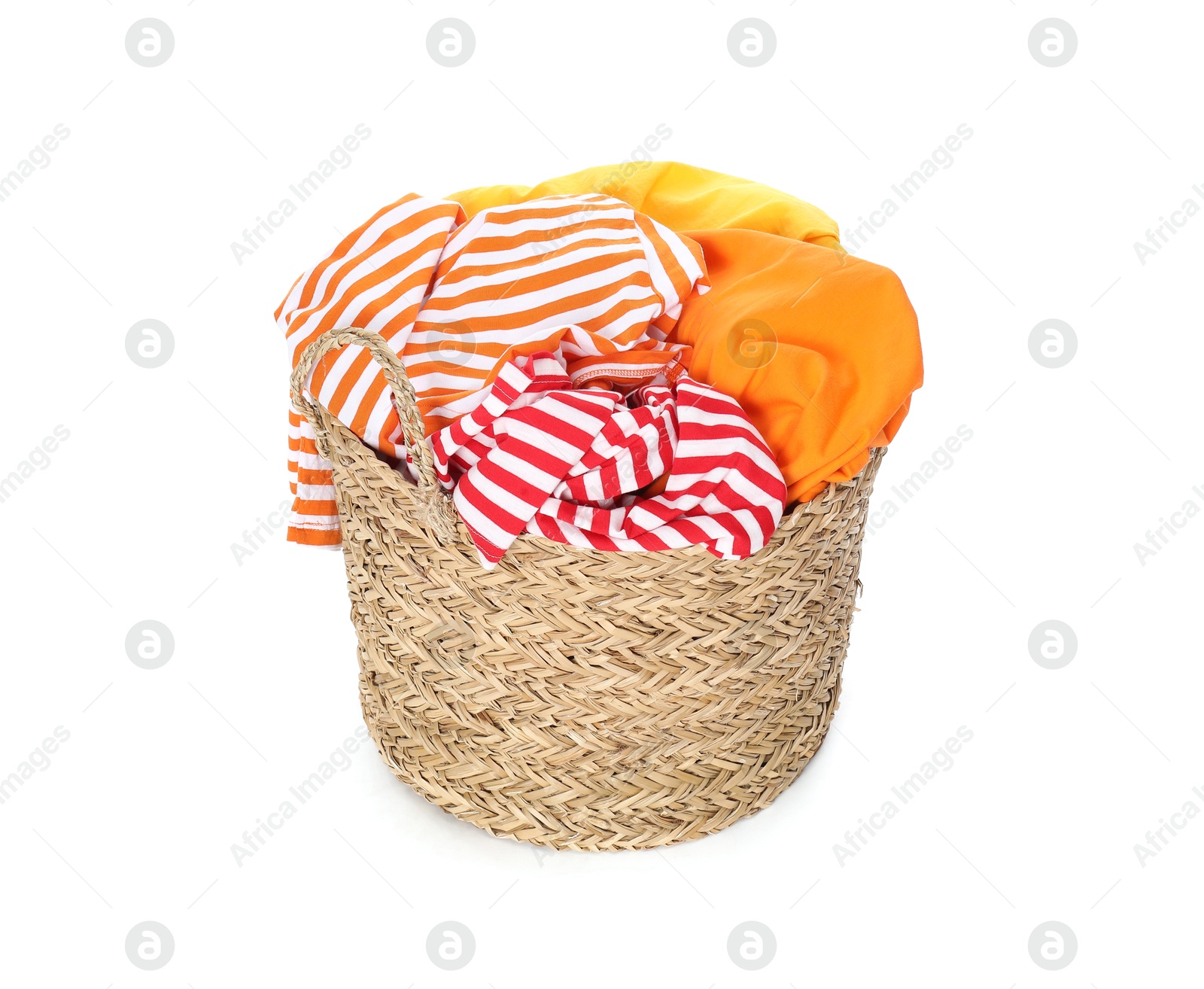 Photo of Wicker basket full of laundry isolated on white