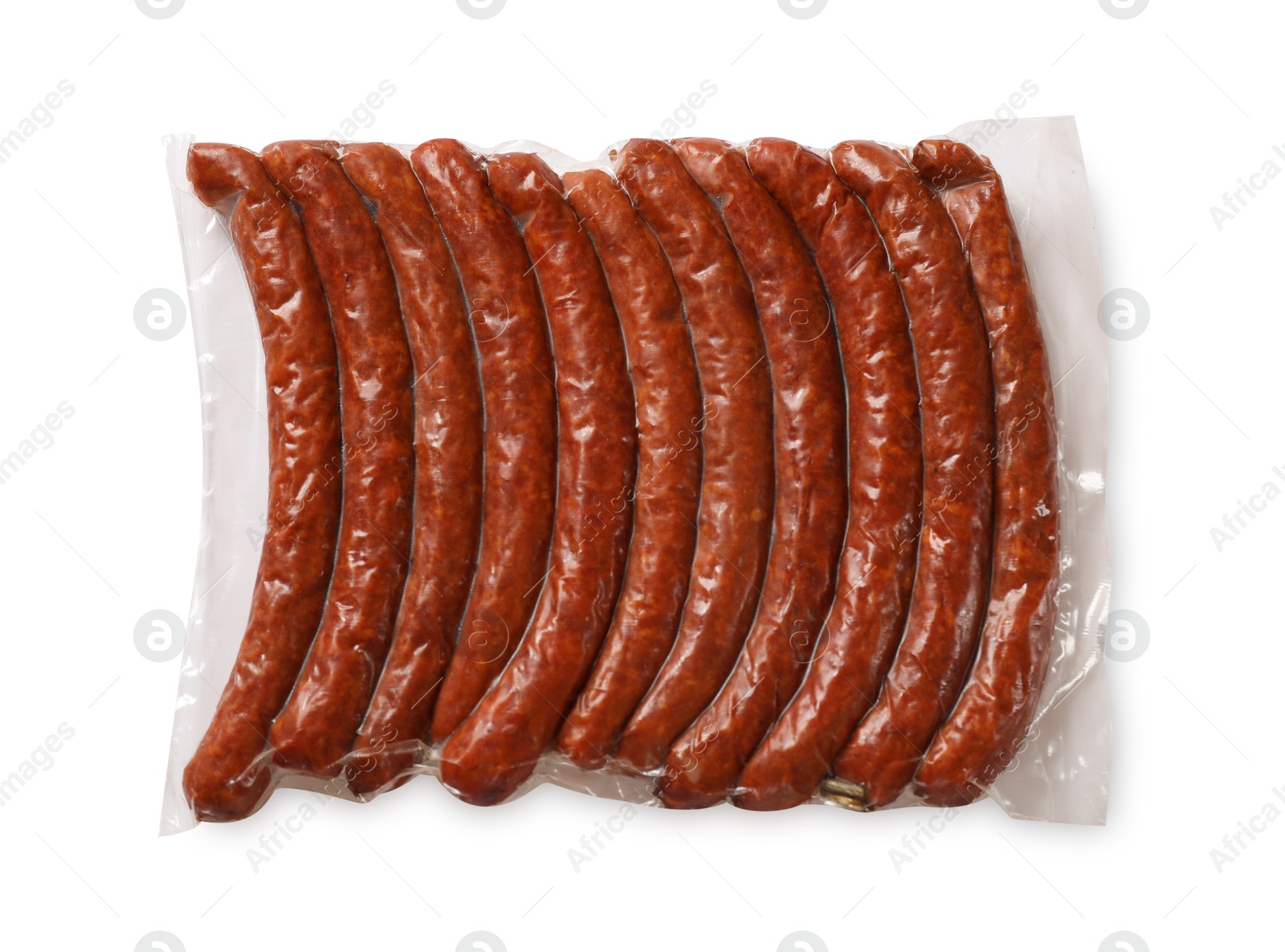 Photo of Pack of dry smoked sausages isolated on white, top view