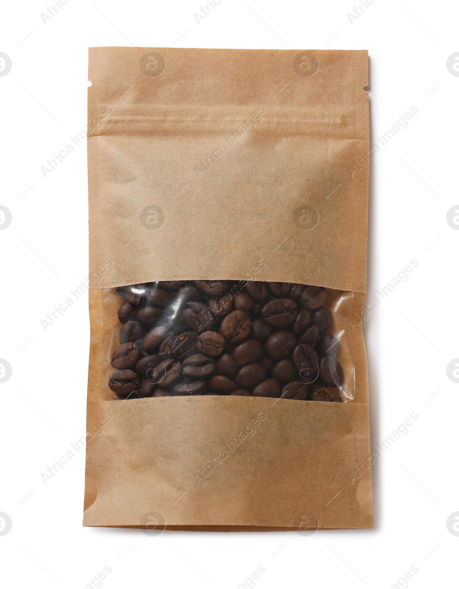 Photo of Paper pouch bag with coffee beans isolated on white, top view