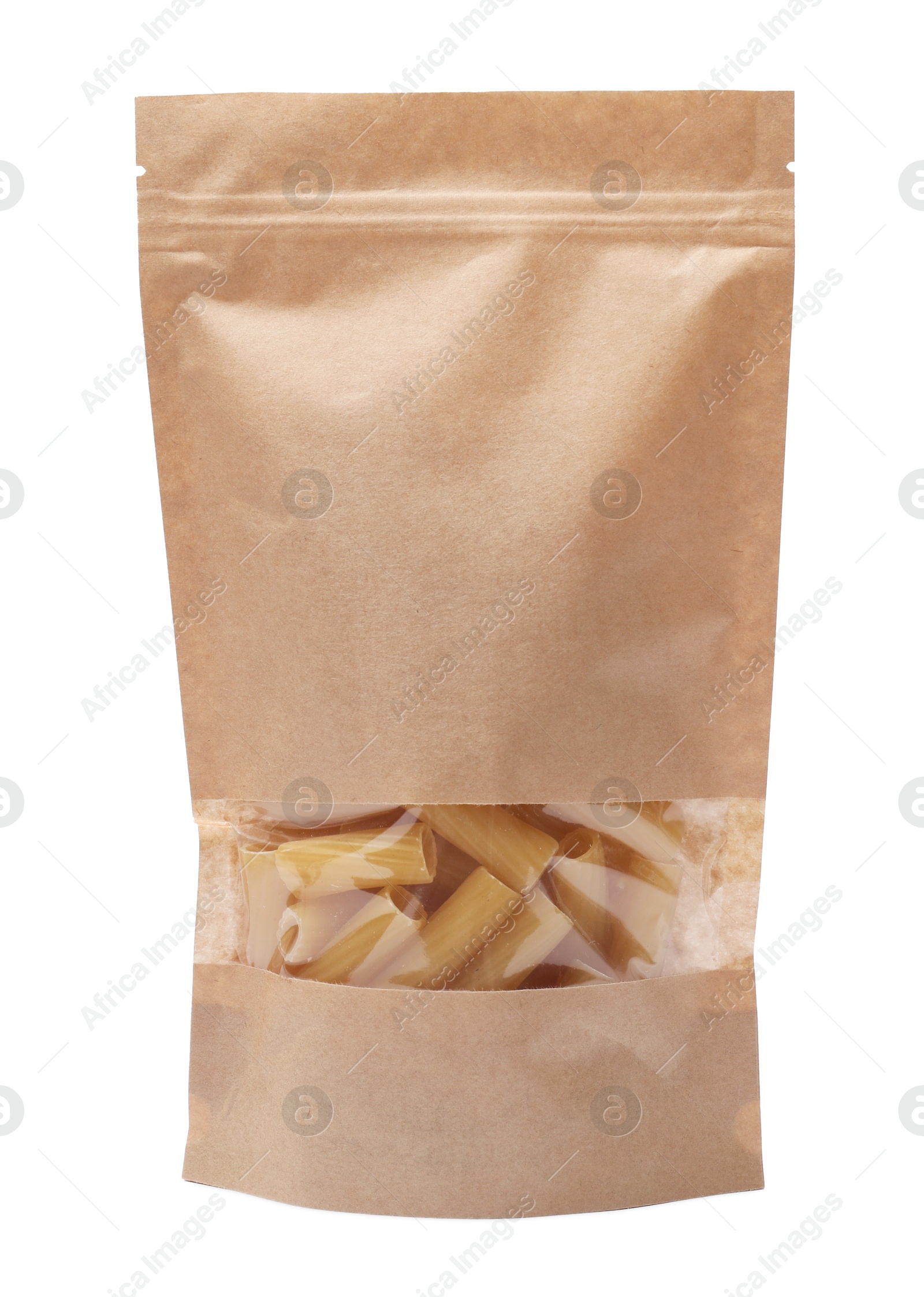 Photo of Paper pouch bag with raw pasta isolated on white