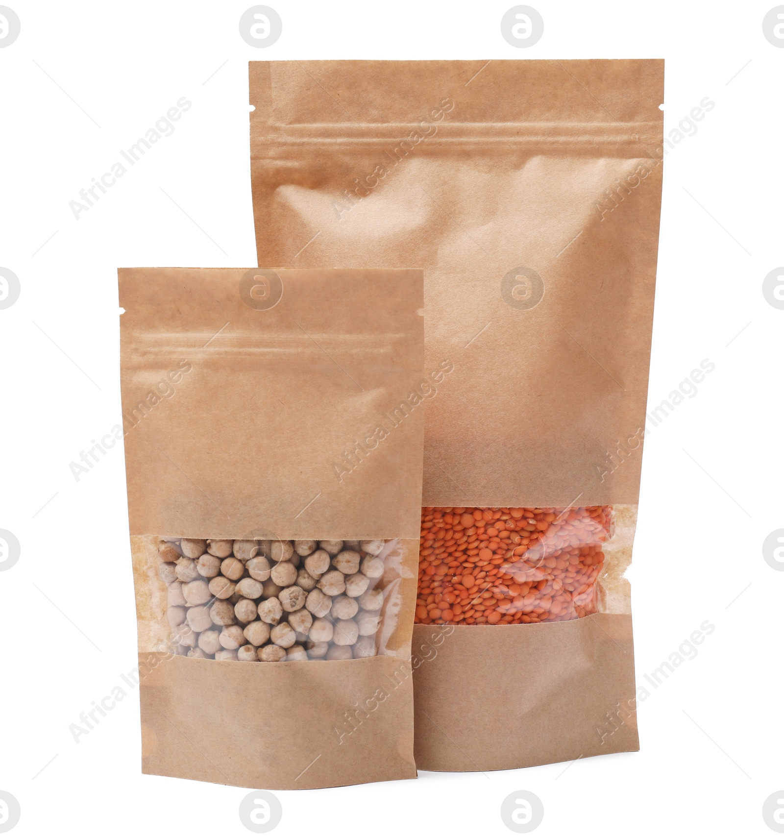 Photo of Paper pouch bags with chickpeas and lentil isolated on white