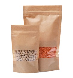 Photo of Paper pouch bags with chickpeas and lentil isolated on white