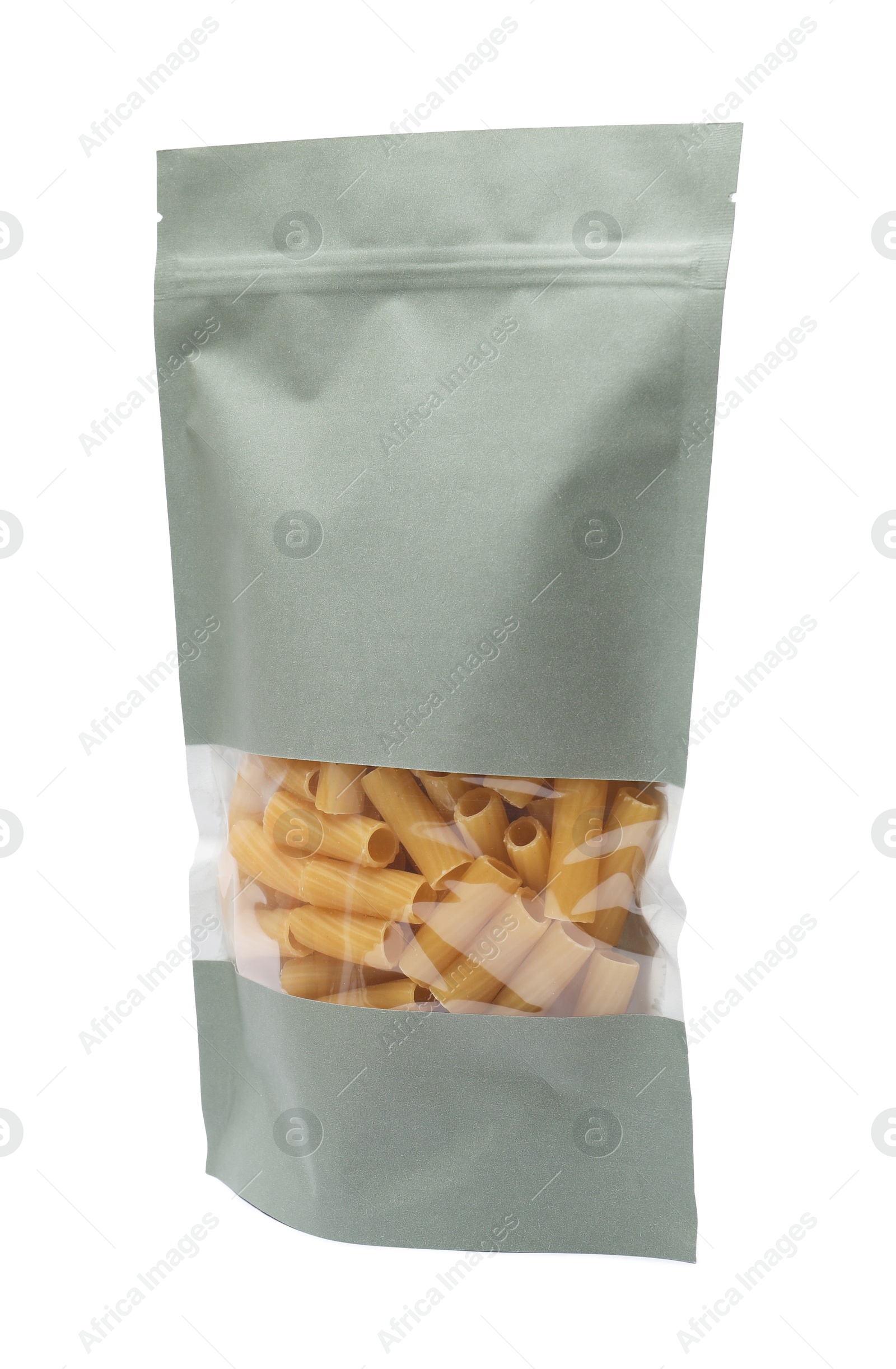 Photo of Paper pouch bag with raw pasta isolated on white