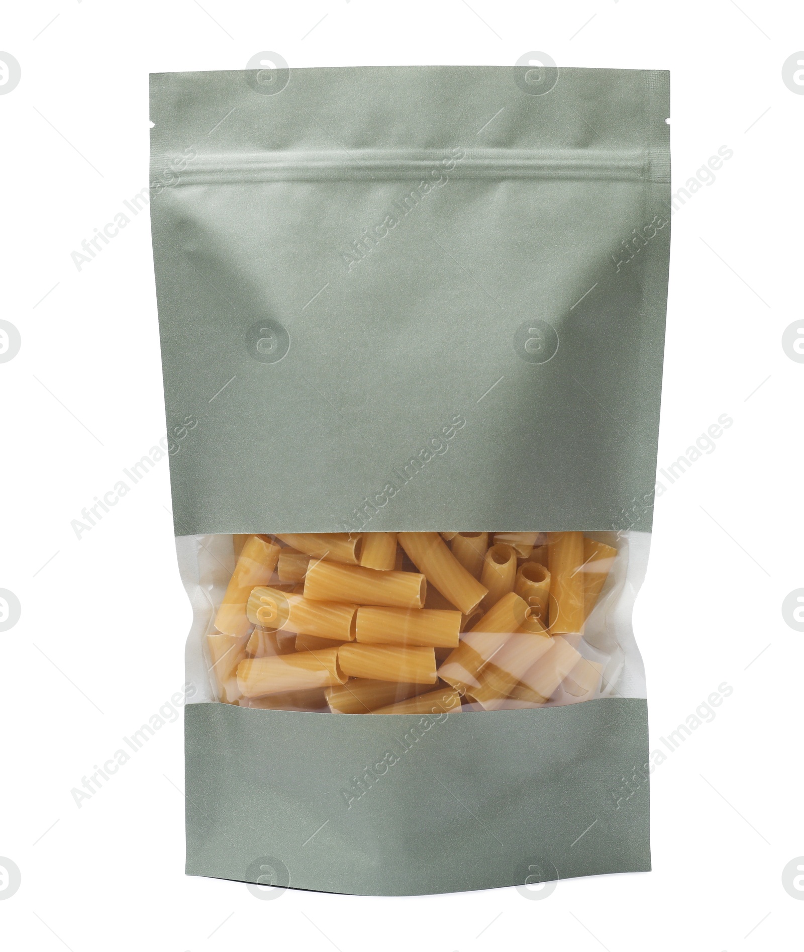 Photo of Paper pouch bag with raw pasta isolated on white