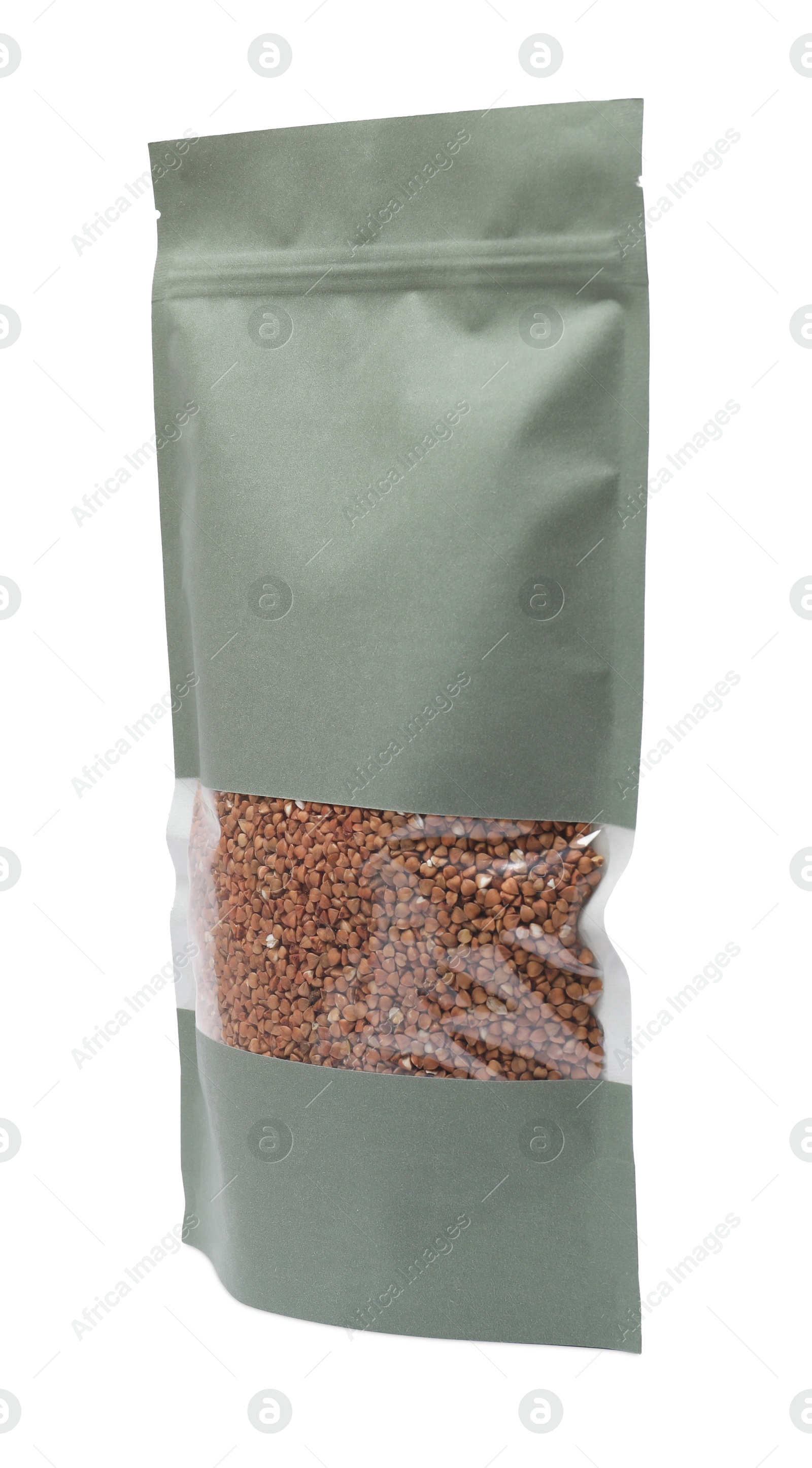 Photo of Paper pouch bag with buckwheat isolated on white