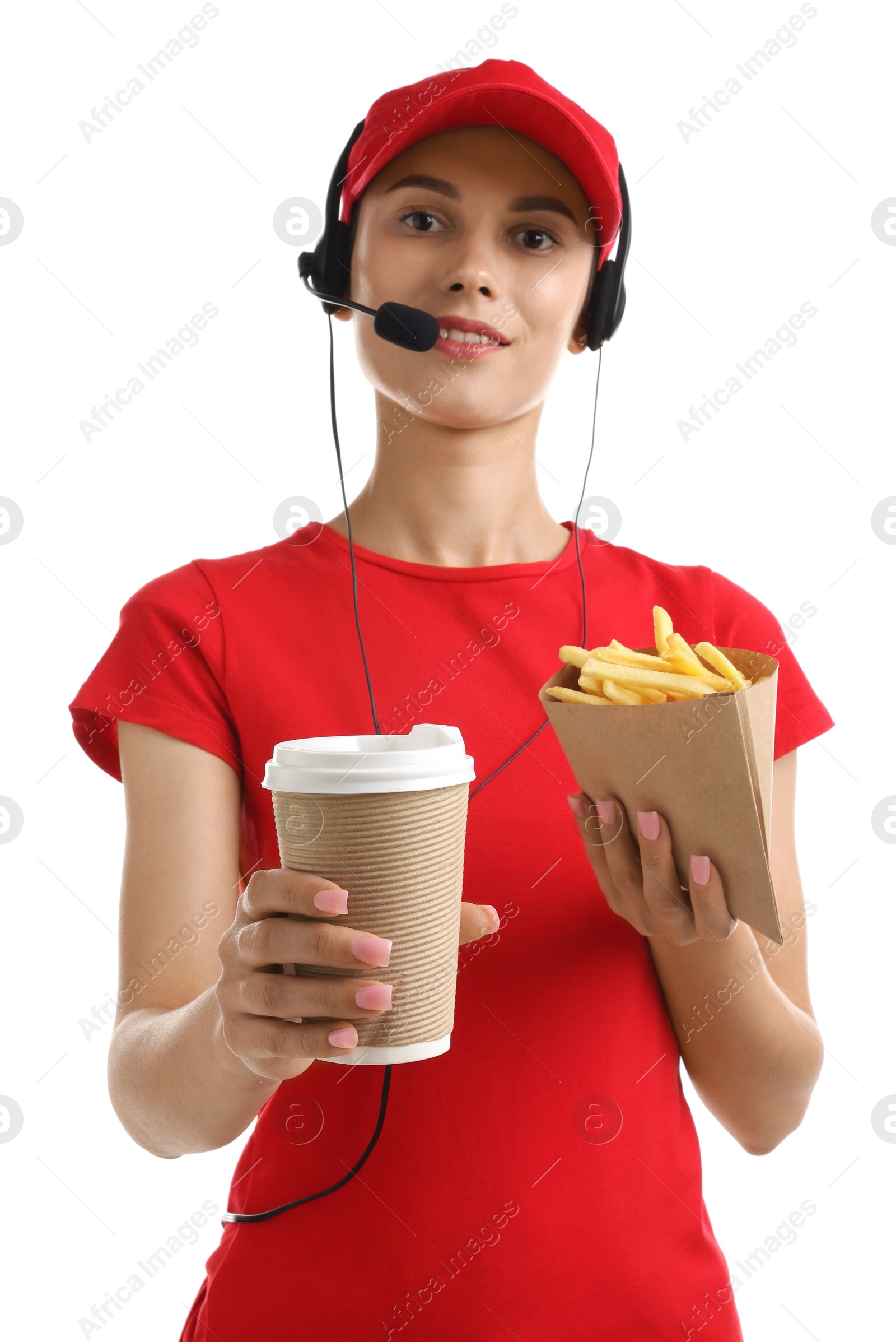 Photo of Fast-food worker with paper cup and fries on white background