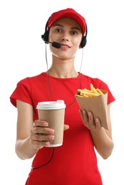 Photo of Fast-food worker with paper cup and fries on white background