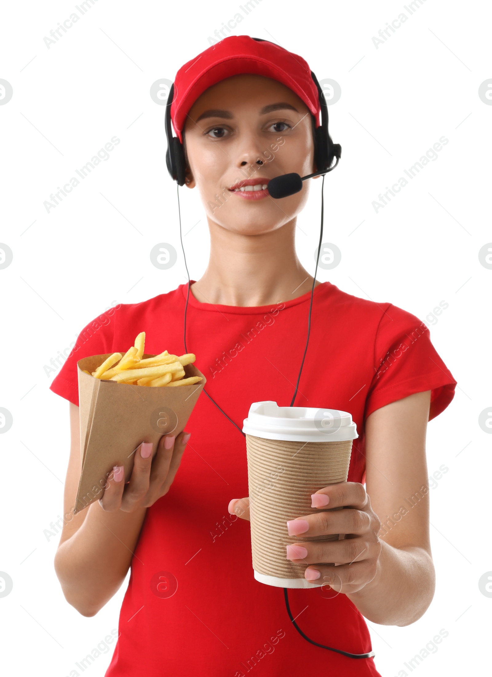 Photo of Fast-food worker with paper cup and fries on white background