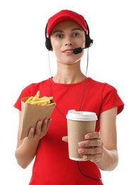 Fast-food worker with paper cup and fries on white background