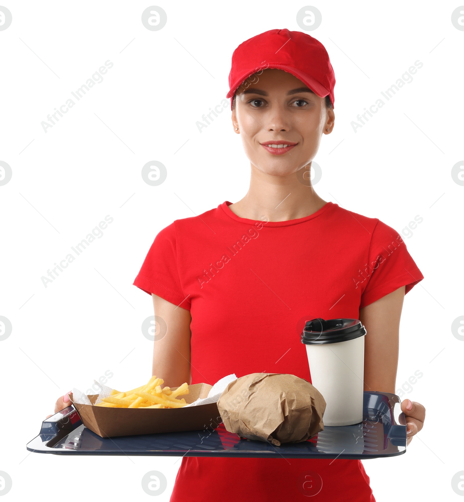 Photo of Fast-food worker holding tray with order on white background