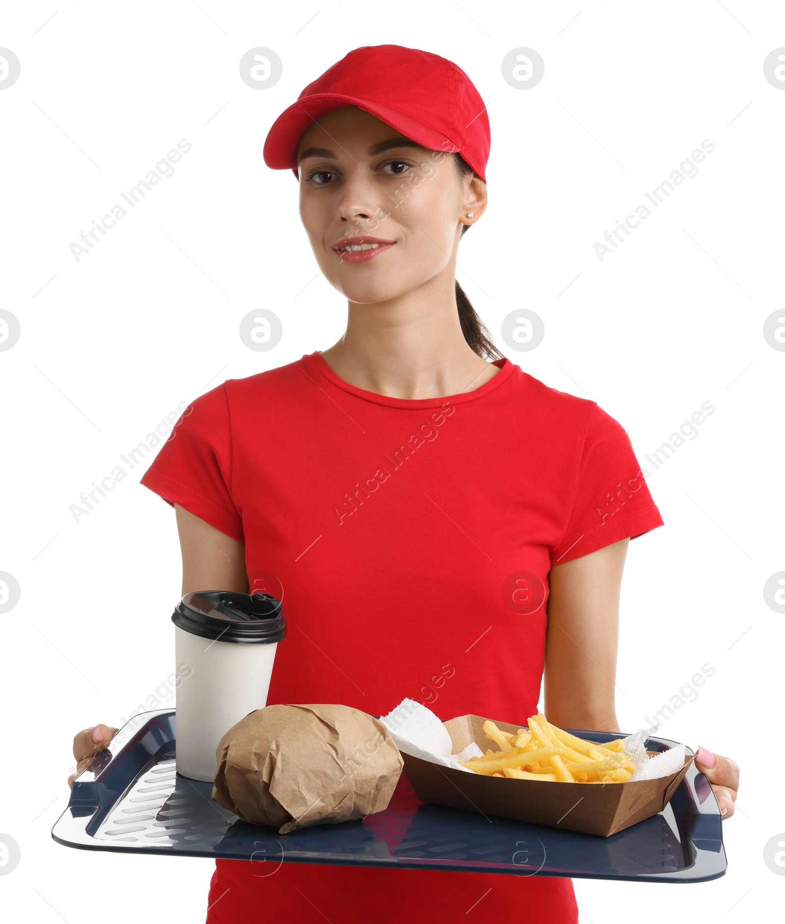 Photo of Fast-food worker holding tray with order on white background