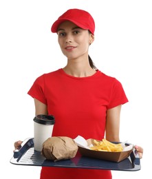 Photo of Fast-food worker holding tray with order on white background