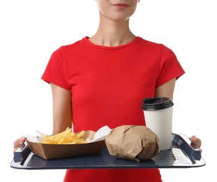 Photo of Fast-food worker holding tray with order on white background, closeup