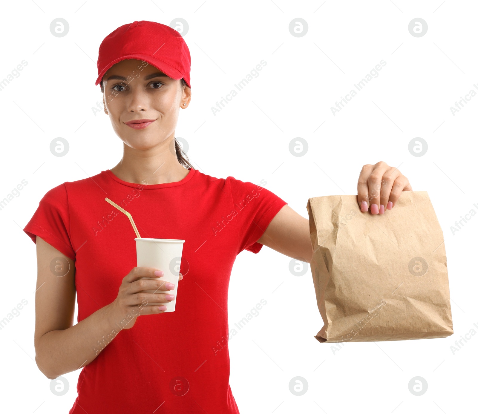 Photo of Fast-food worker with paper bag and cup on white background