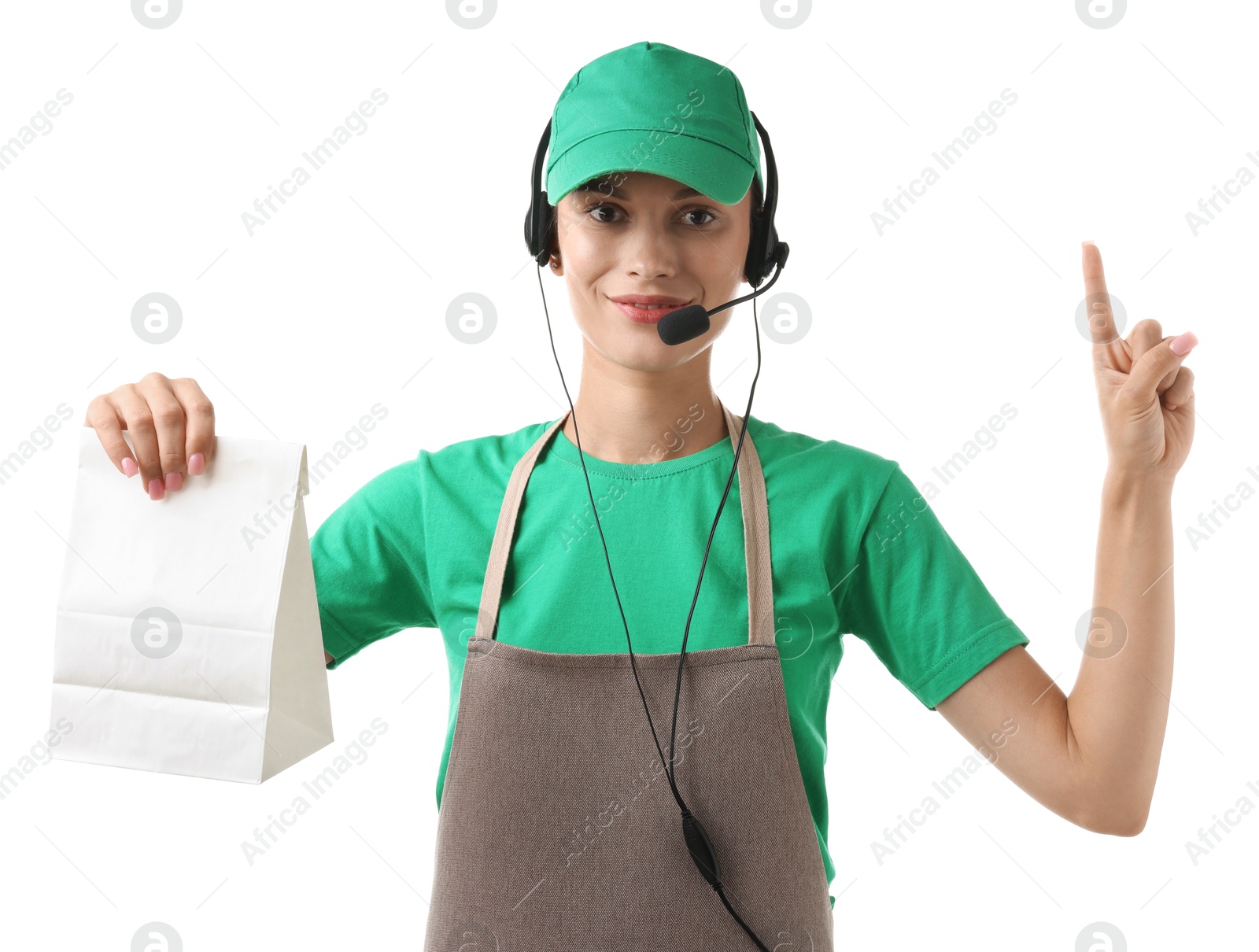 Photo of Fast-food worker with paper bag on white background