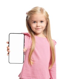 Photo of Cute little girl with smartphone on white background