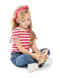 Photo of Cute little girl with smartphone on white background