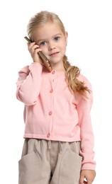 Photo of Cute little girl talking on smartphone against white background