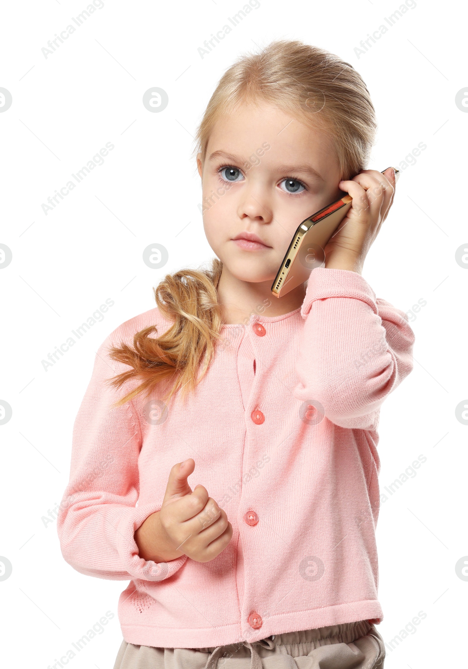 Photo of Cute little girl talking on smartphone against white background