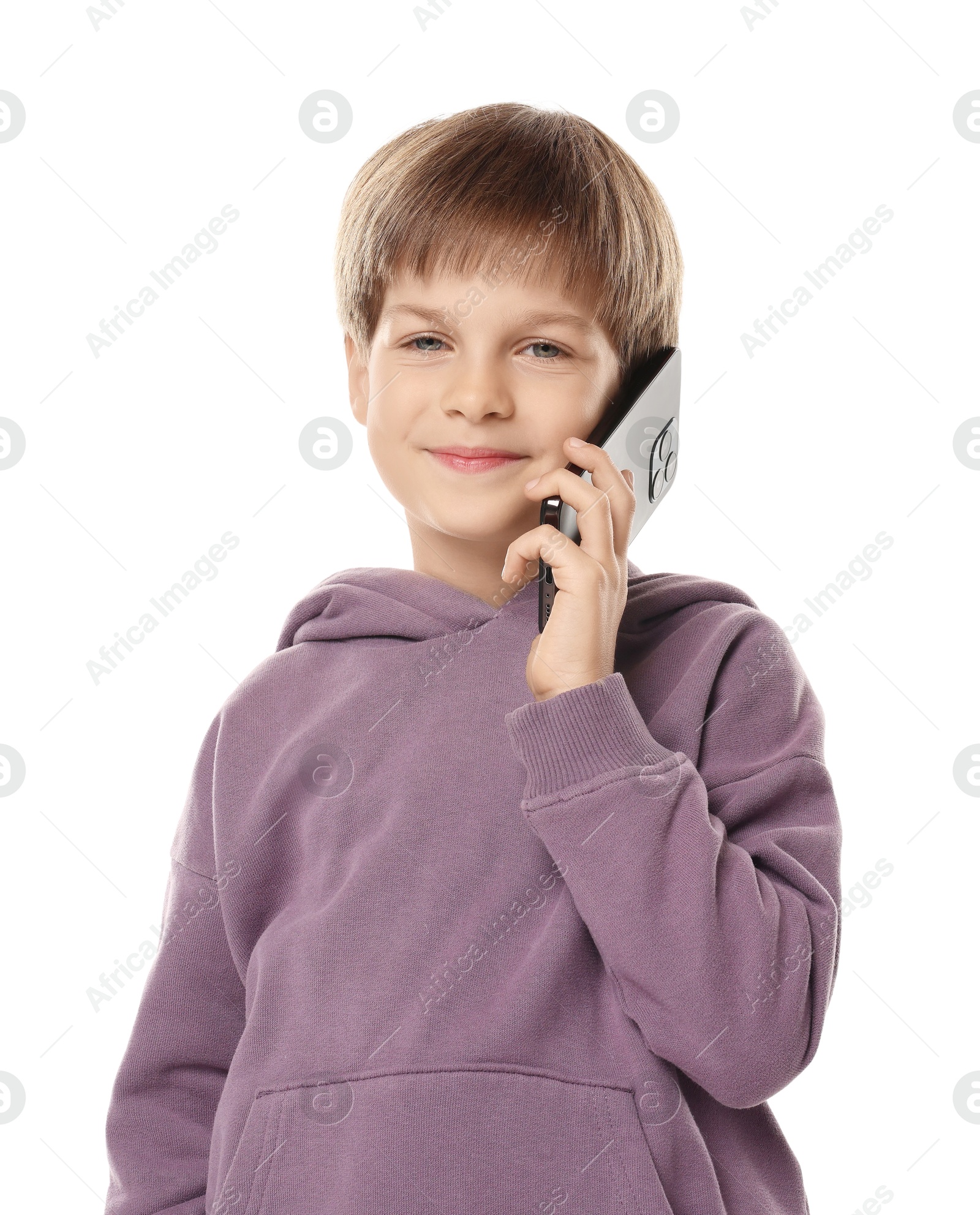 Photo of Cute little boy talking on smartphone against white background