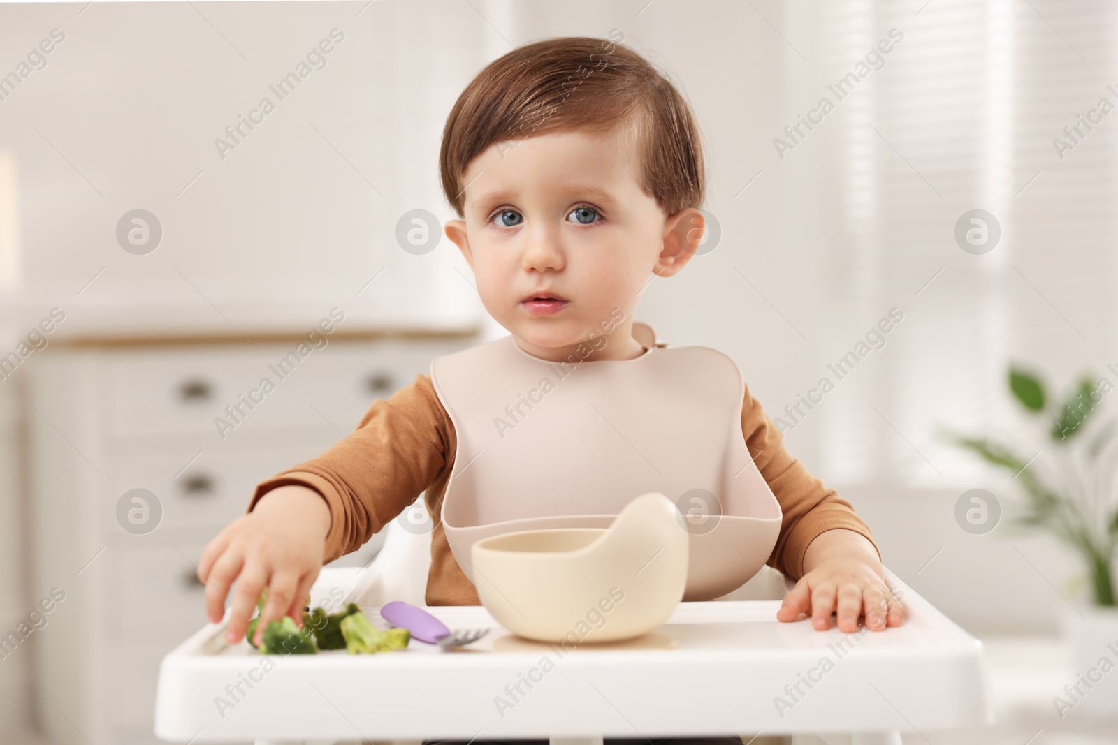 Photo of Cute little baby eating healthy food from bowl in high chair at home