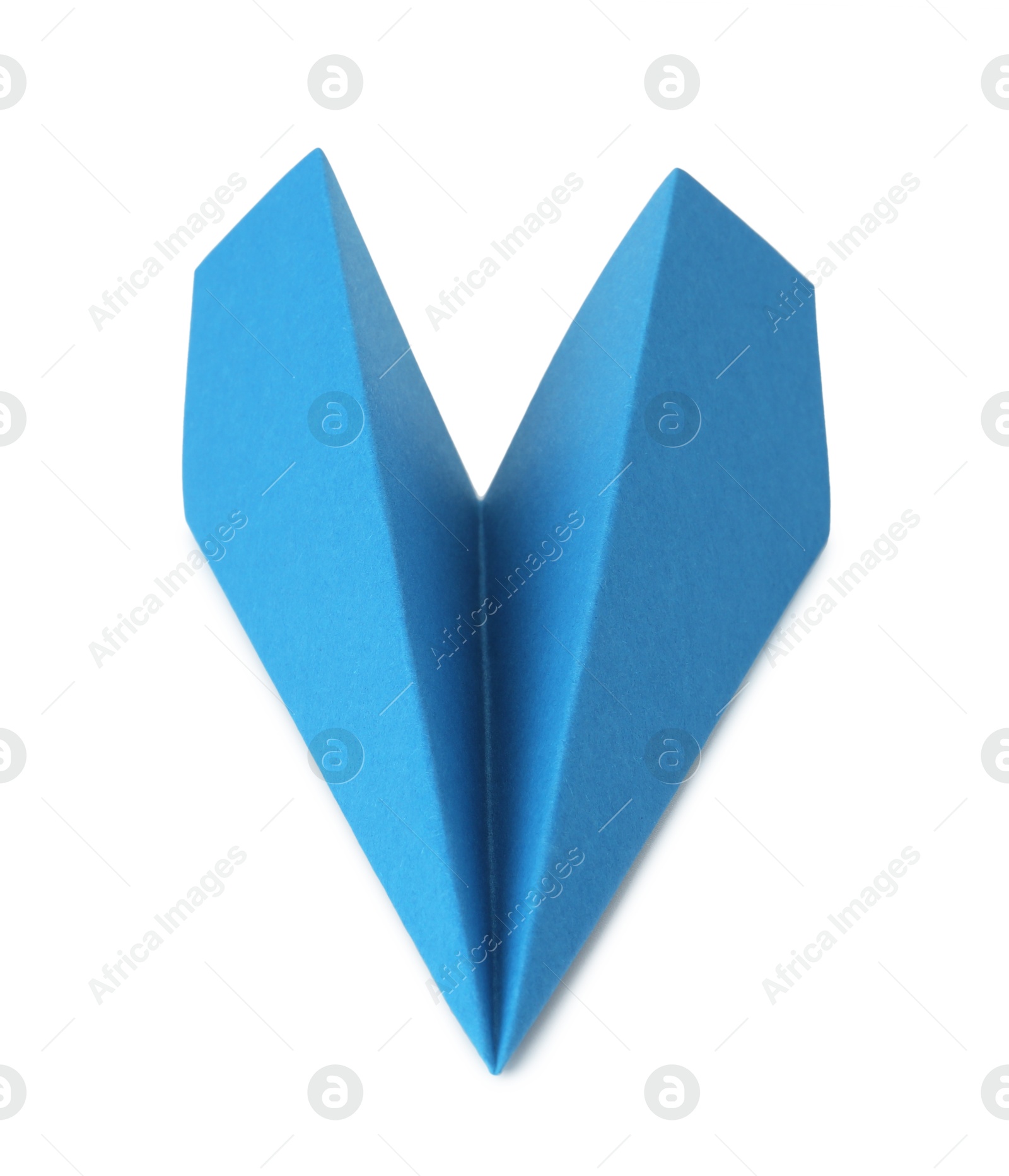 Photo of One handmade light blue paper plane isolated on white, above view